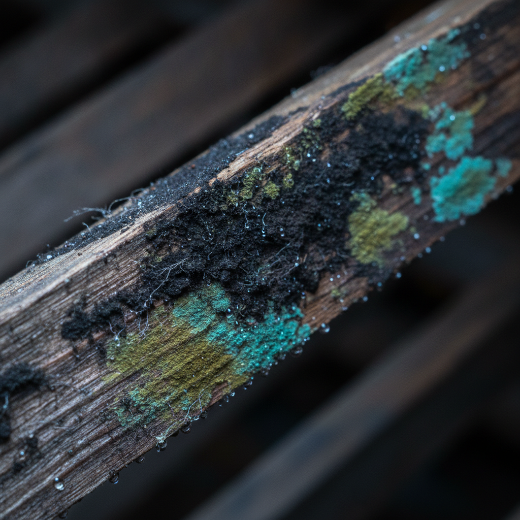 Close-up of attic wood mold colonies on rafters, illustrating attic mold removal best practices for mold in homes