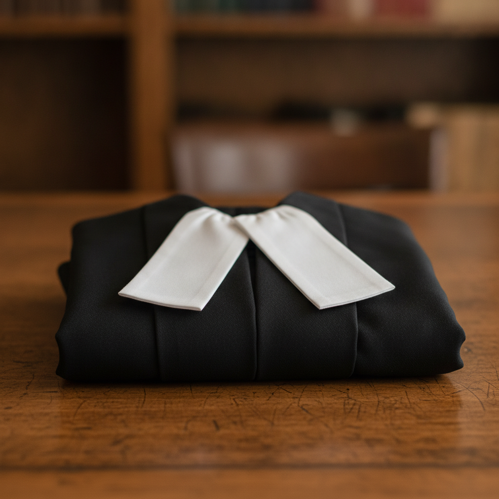 Close-up of Canadian barrister robes and white collar tabs, illustrating barrister and solicitor roles in Ontario
