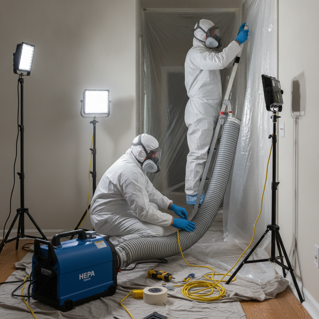 Technicians setting up containment and HEPA air scrubber during professional mold removal in a Scarborough home