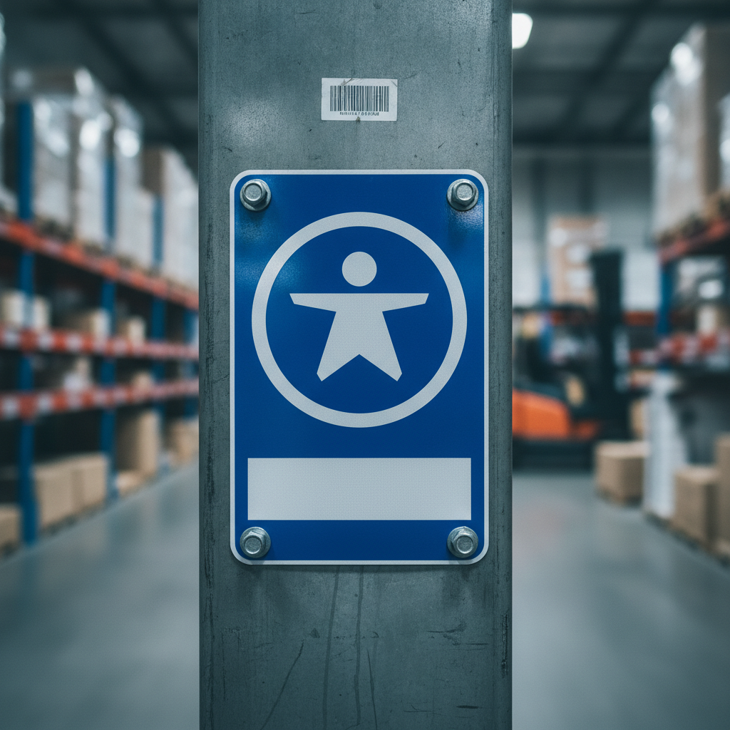 Close-up of durable forklift safety sign hardware and reflective surface for forklift signs in warehouses