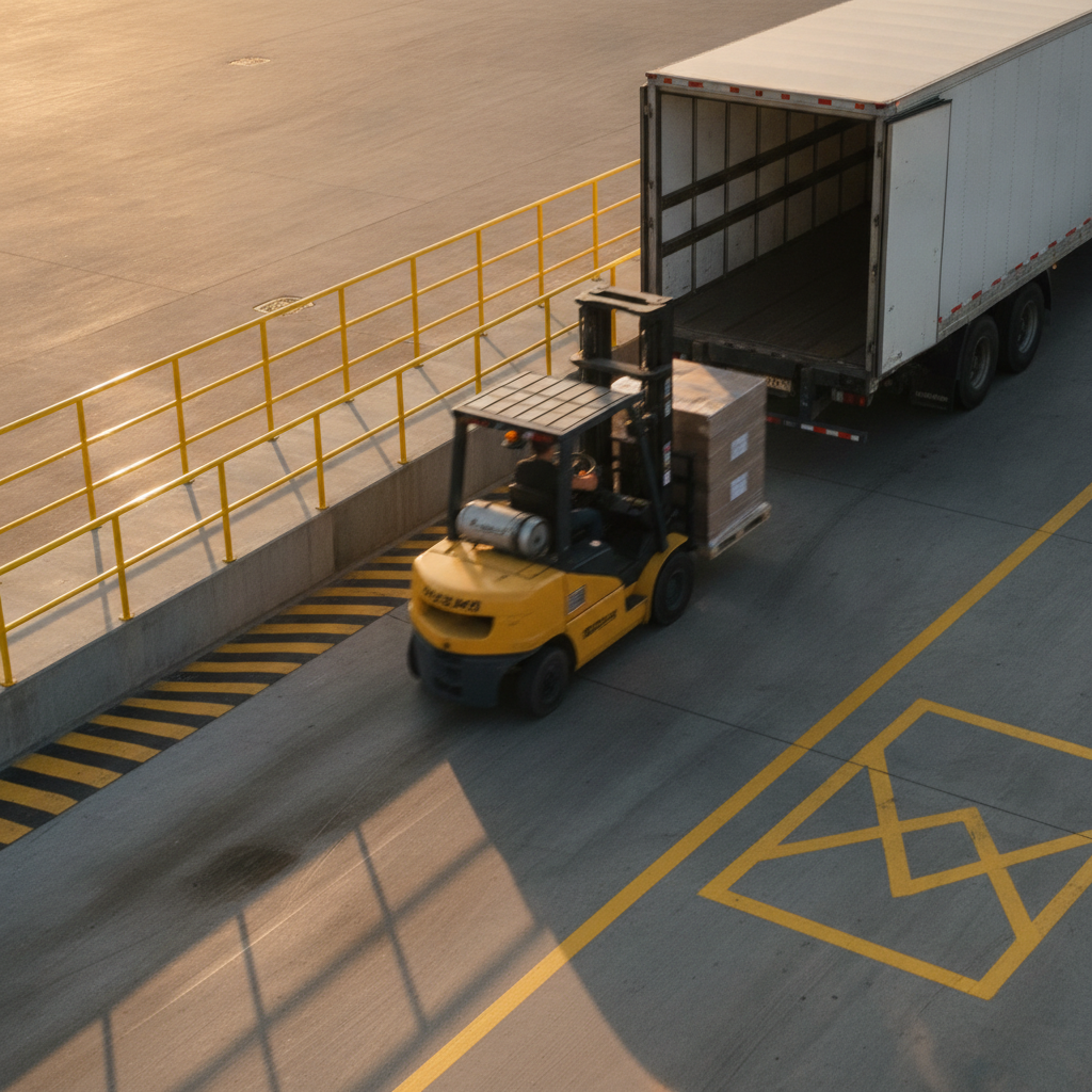 Outdoor loading dock scene with forklift lane, guardrails, and caution stripes supporting forklift traffic signs