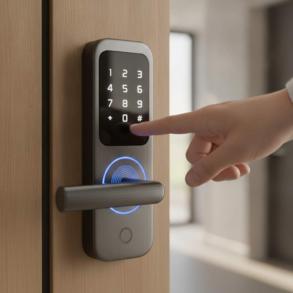 Close-up of a premium smart lock used in home smart security, showing keypad and fingerprint reader on a modern door