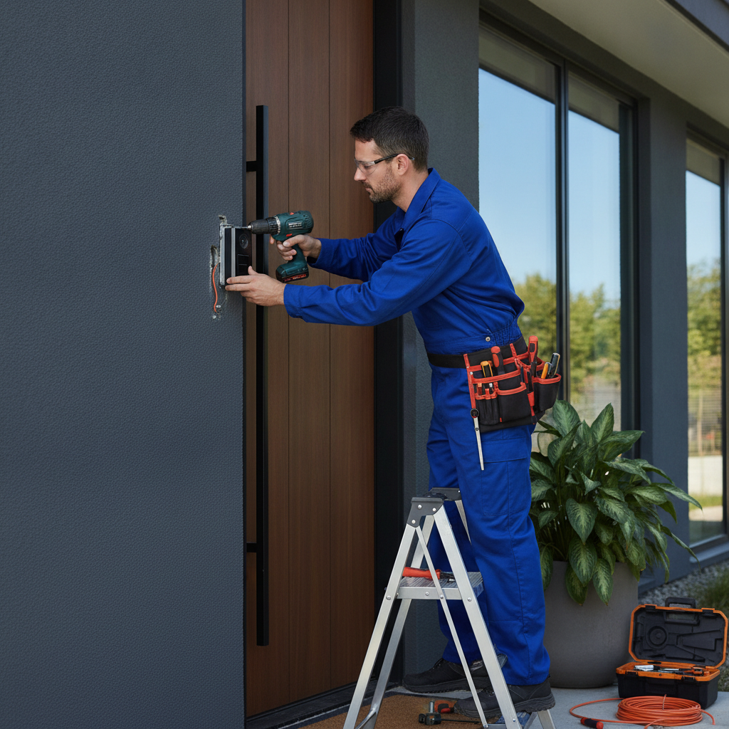 Technician installing a video doorbell at a modern entryway as part of a professional home smart security setup