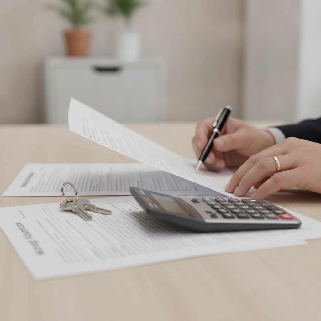 Close-up of refinance documents, keys, and calculator during mortgage refinance with a real estate lawyer in Etobicoke