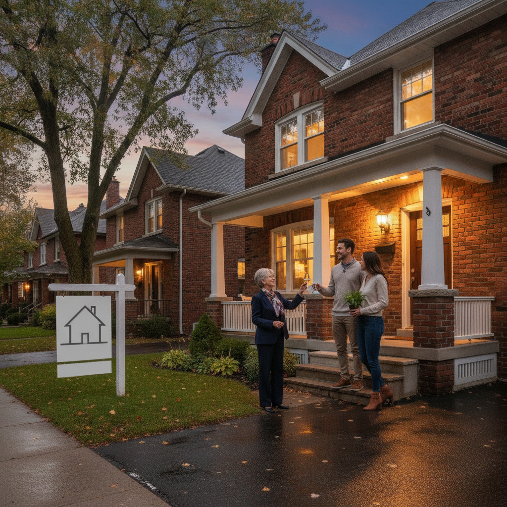 Etobicoke homeowner receiving keys at a suburban brick home, illustrating clean mortgage refinance and title registration