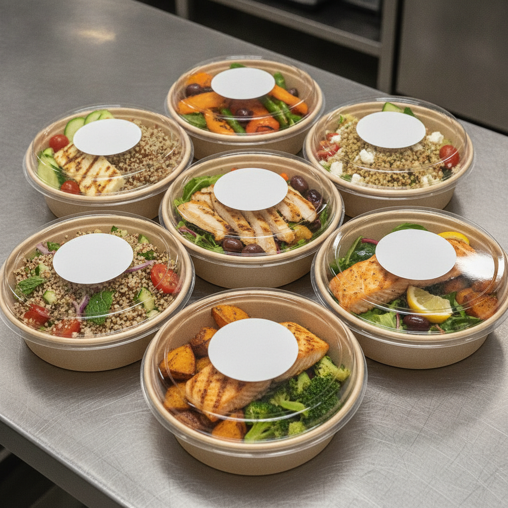 Individually packaged Mediterranean lunch bowls labeled for dietary needs—event catering Toronto