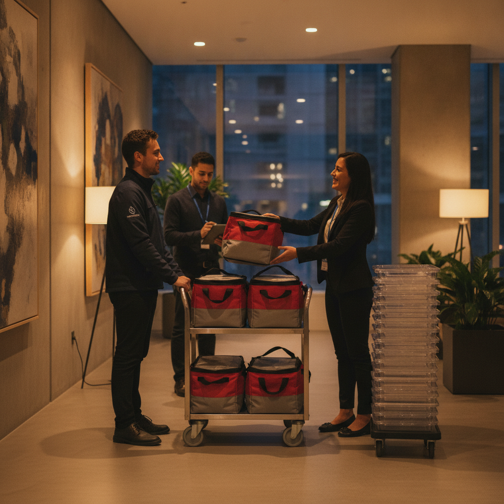 Courier handing insulated catering bags to office staff at a Toronto lobby—event catering logistics