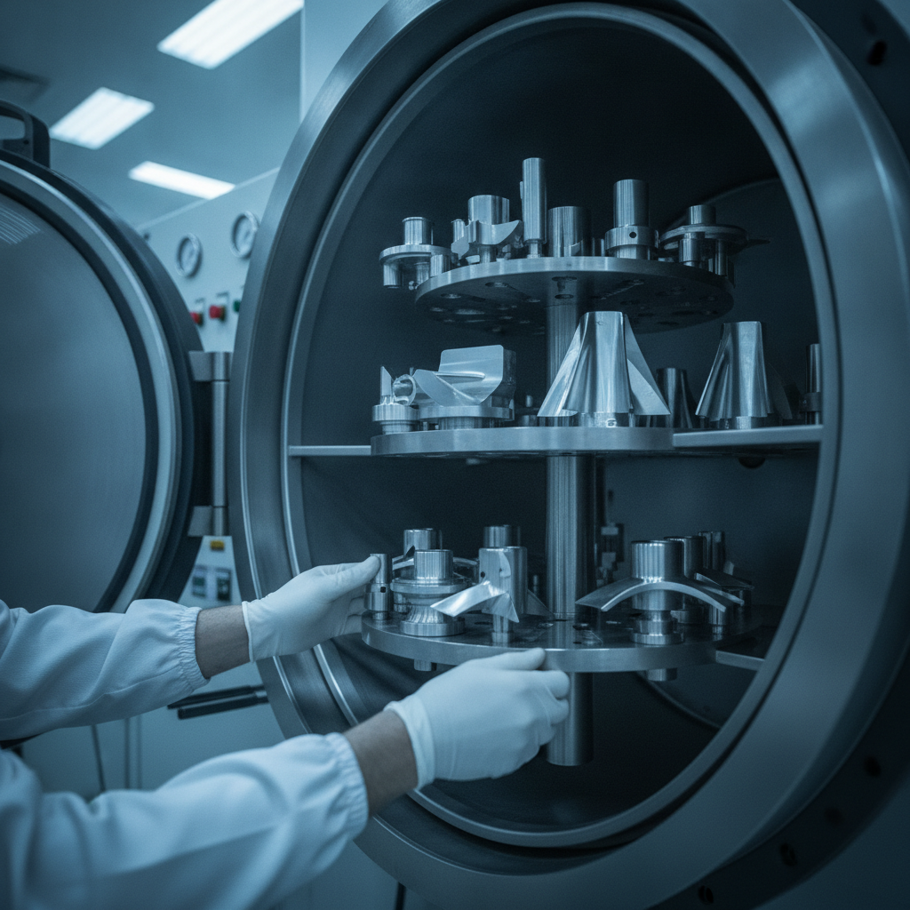 Technician loading stainless parts on a rotating fixture inside a PVD coating system in a modern facility