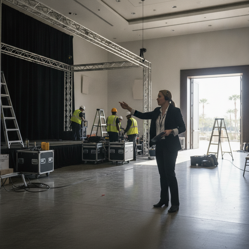 Event manager coordinating corporate event production setup with lighting truss and staging in a London ballroom