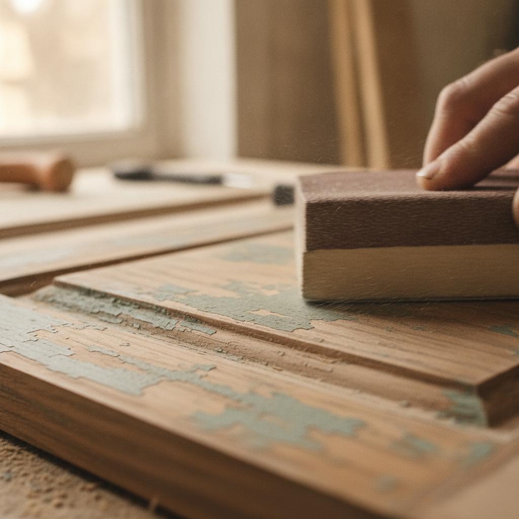 Close-up sanding a cabinet door before priming for repainting painted kitchen cabinets