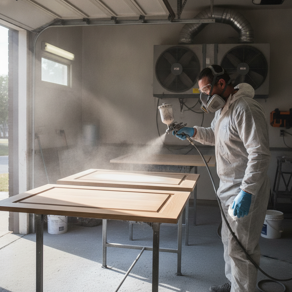 HVLP spray painting cabinet doors laid flat for a smooth, durable kitchen cabinet finish