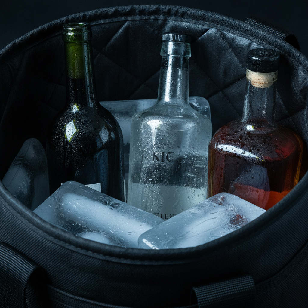 Chilled wine and spirits delivery tote with ice packs and condensation for fast alcohol delivery in Calgary