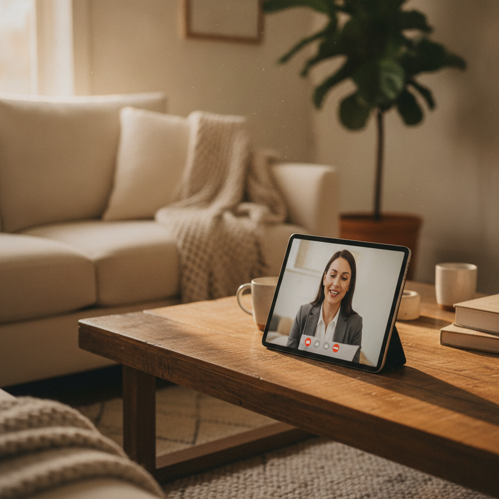 Video call with a mortgage broker on a tablet during an online mortgage application