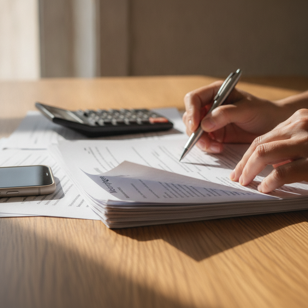 Close-up of mortgage documents, calculator, and pen for how to get a mortgage online