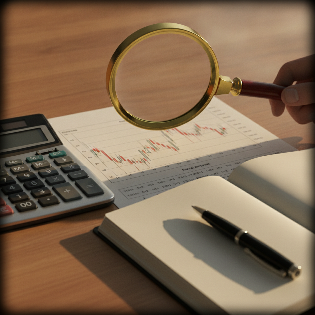 Financial analysis toolkit with charts, calculator, and magnifying glass for technical and fundamental analysis