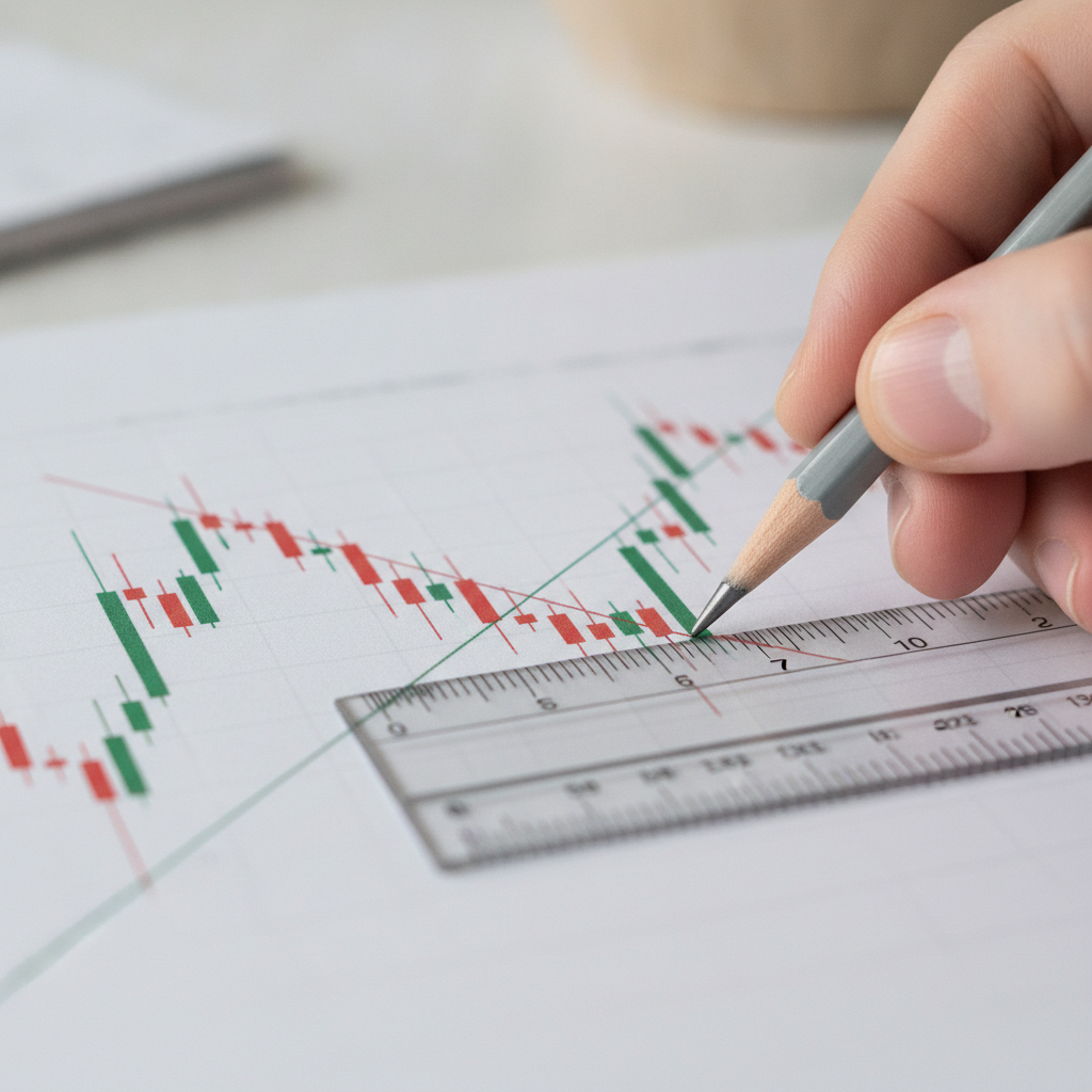Close-up of technical analysis with support and resistance drawn on candlestick chart for timing trades