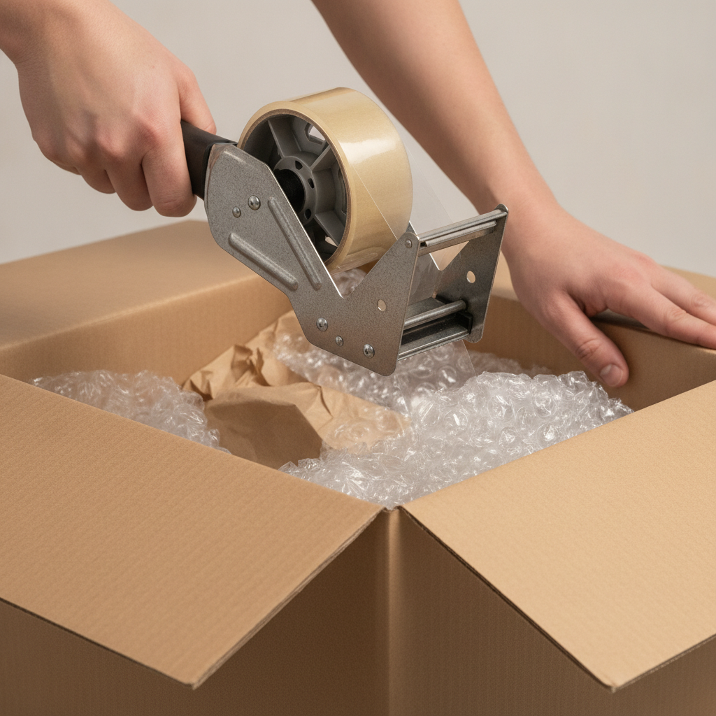 Close-up of professional packer sealing a moving box with heavy-duty tape, illustrating packing and supplies as key long-distance moving cost factors