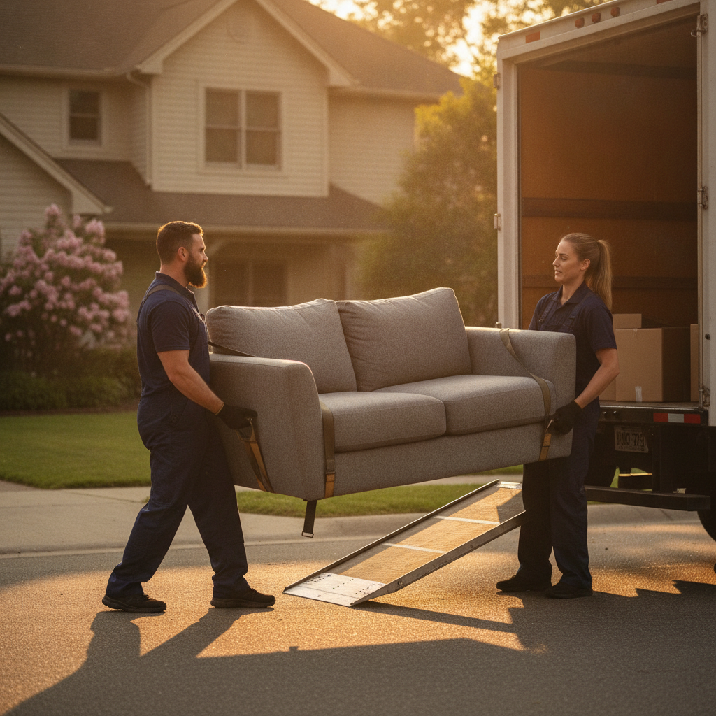 Two professional movers loading a sofa into a truck at golden hour, representing safe handling and trained crews for long-distance moves