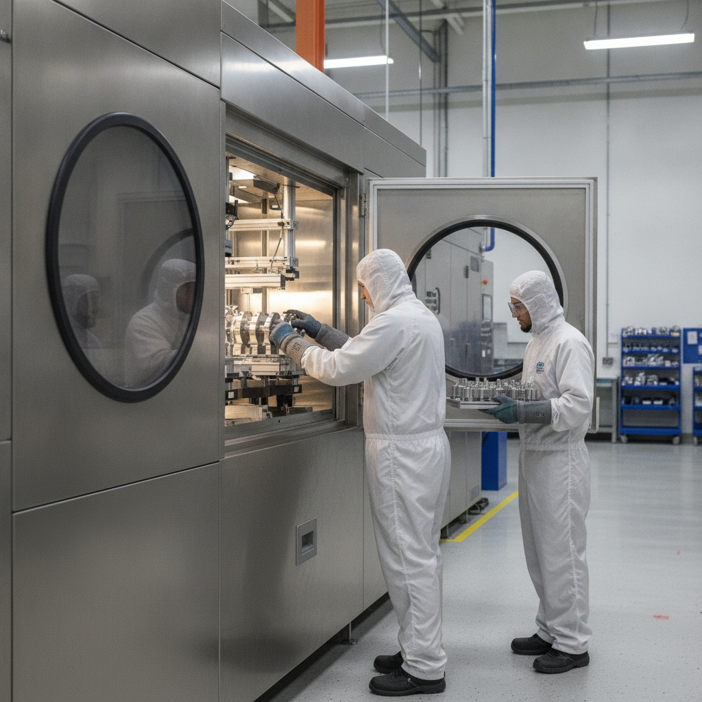 Technicians loading metal components into a large PVD system on a clean shop floor, illustrating production-scale coating operations