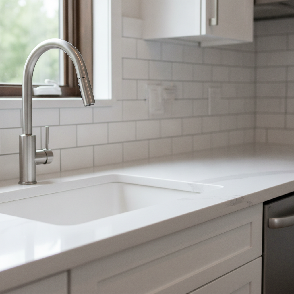 Modern Brampton kitchen finishes that can positively influence what impacts home value, including quartz counters, tile backsplash, and stainless fixtures