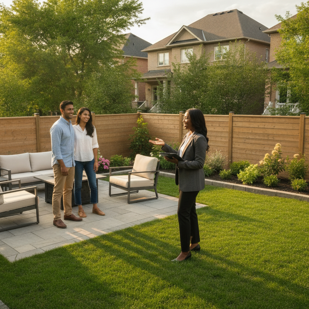 Real estate agent showing a Brampton backyard with fresh landscaping and patio, illustrating lifestyle features that influence what impacts home value