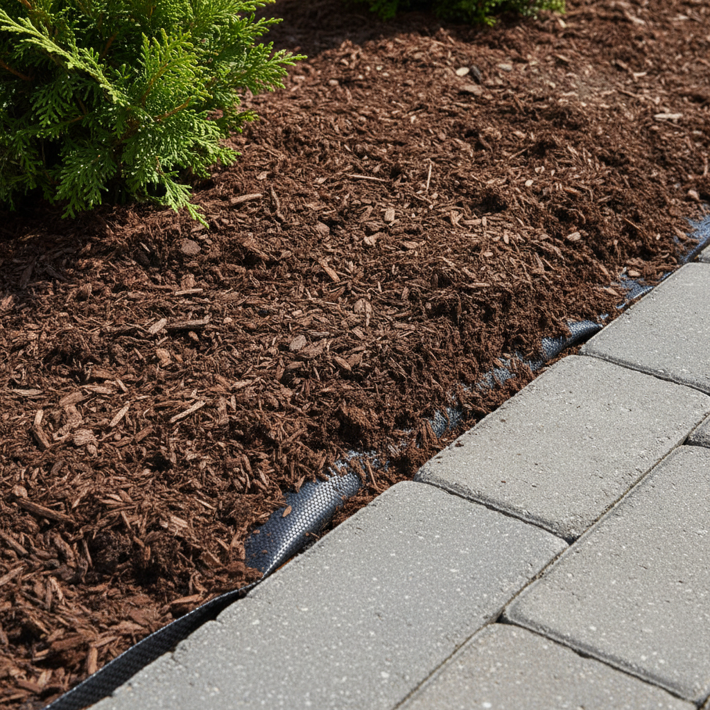 Close-up of fresh mulch around shrub with crisp edge next to a concrete paver border, demonstrating Mississauga curb appeal mulching best practices