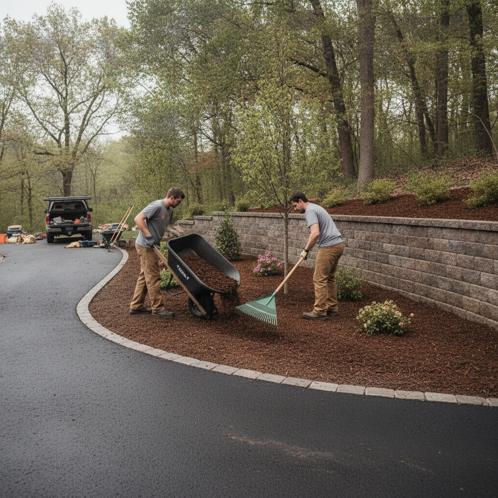 Landscaping crew installing mulch along a stone retaining wall and driveway extension, demonstrating professional Mississauga mulching workflow