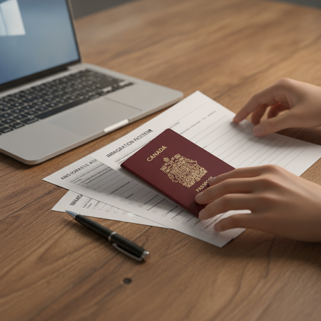 Close-up of Canadian work permit documents and passport organized for filing with a lawyer