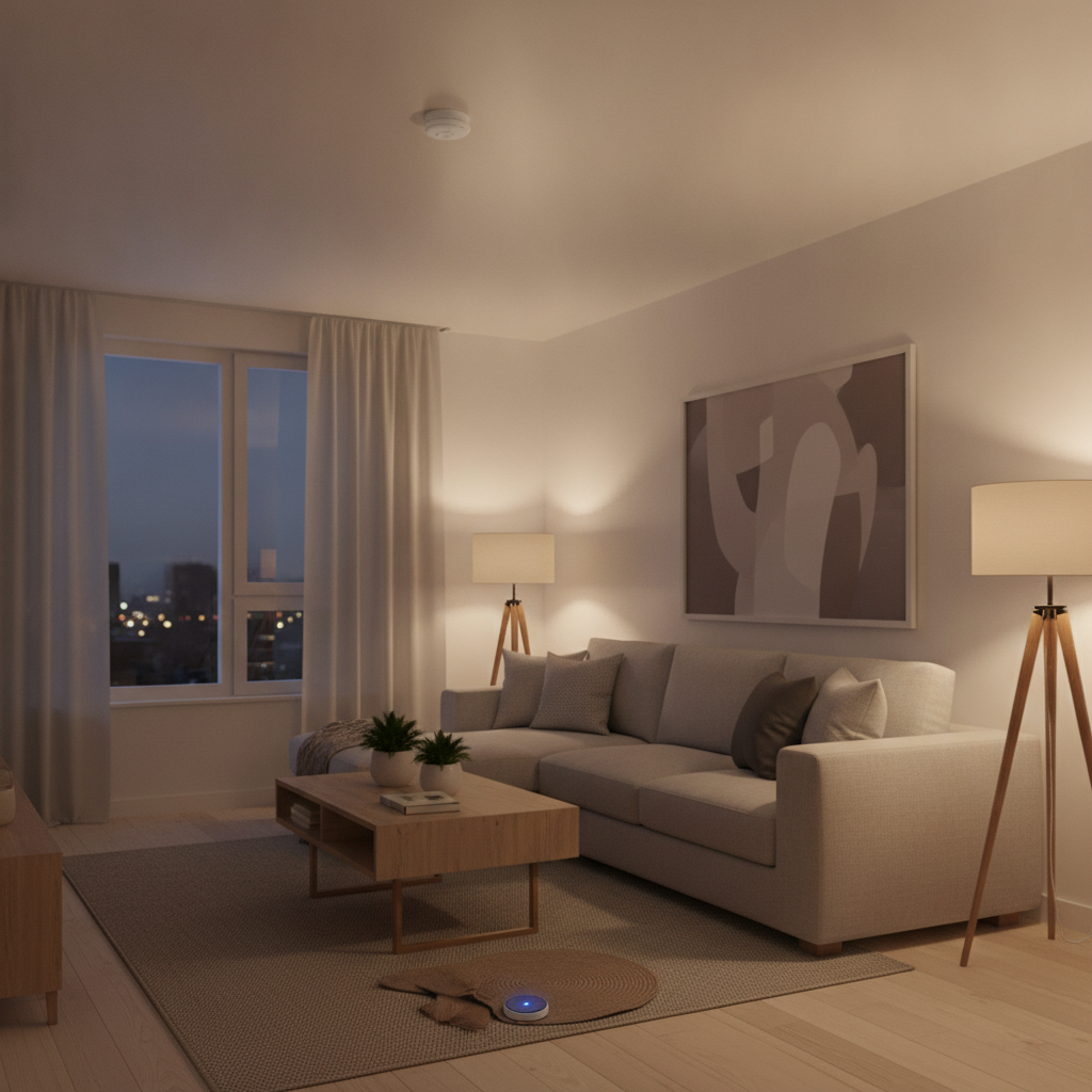 Modern rental living room in Whitby showing smoke detector and leak sensor for landlord risk management