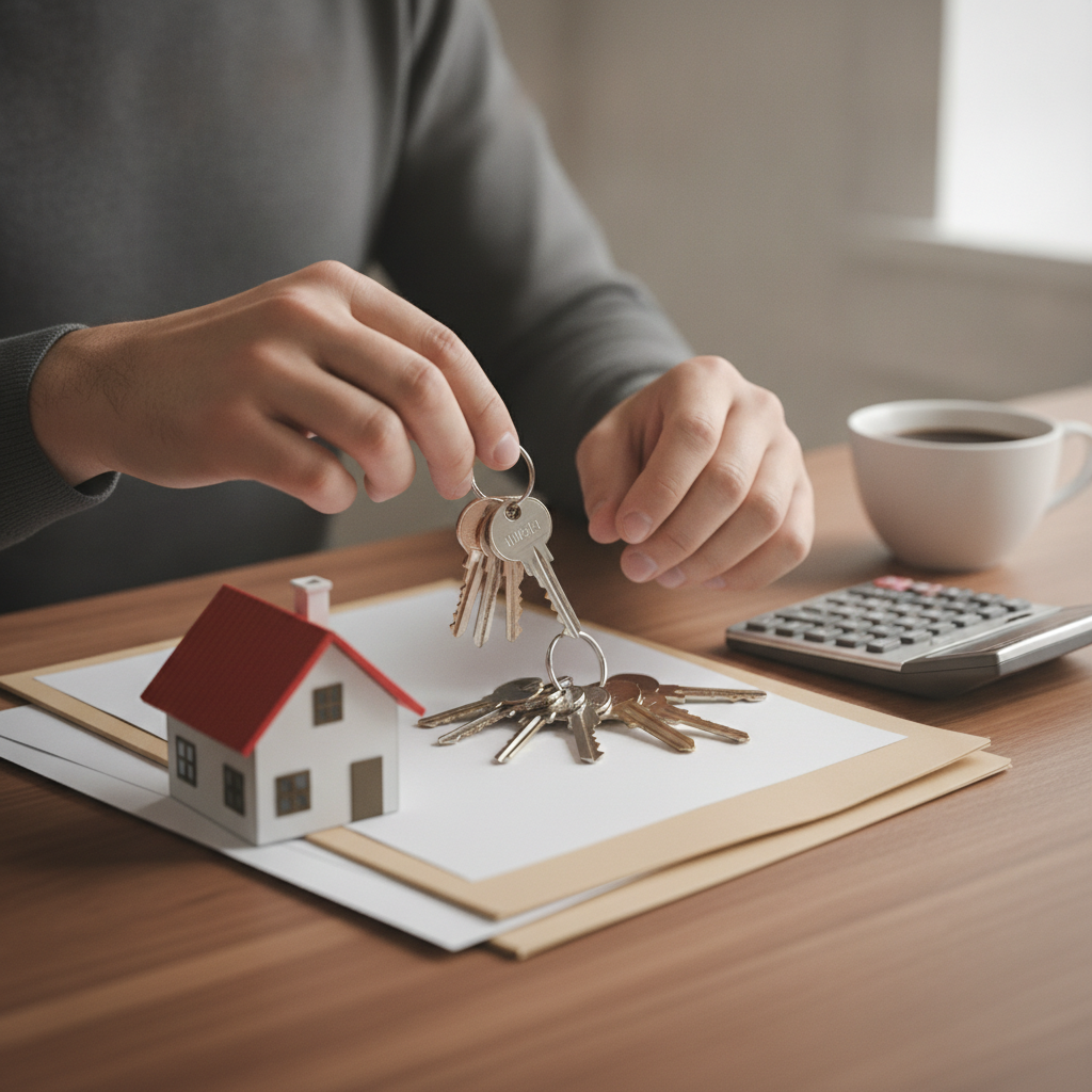 Close-up of landlord keys, house model, and policy documents illustrating rental dwelling insurance setup