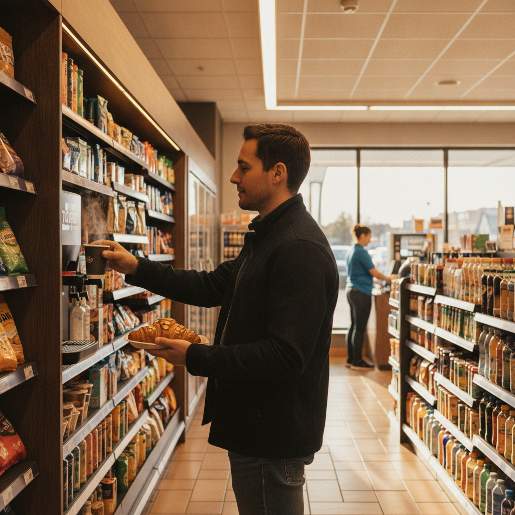 Inside a bright, renovated convenience store where a driver grabs coffee and a pastry during a 24-hour fuel stop in Stouffville