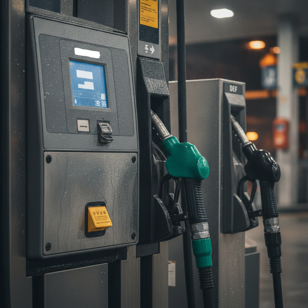Close-up of a diesel pump nozzle near DEF dispenser, illustrating 24-hour fuel and DEF access for trucks in Stouffville