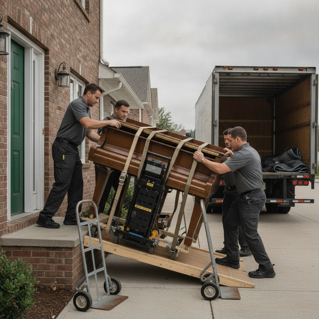 Movers guiding a padded upright piano down a ramp with a skid board and spotters for a safe piano move