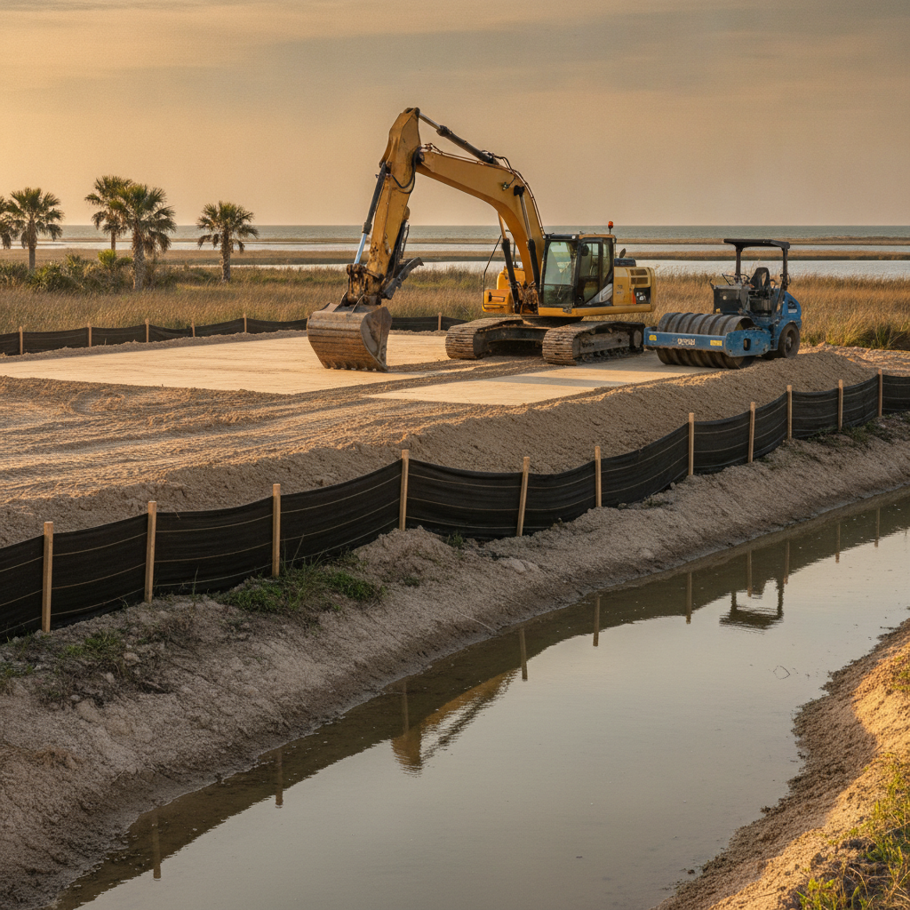 Site preparation and grading scene with excavator, compactor, and silt fence for a Galveston-area home site