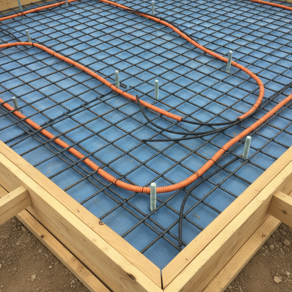Close-up of slab foundation rebar, vapor barrier, and post-tension cables for coastal Texas home construction