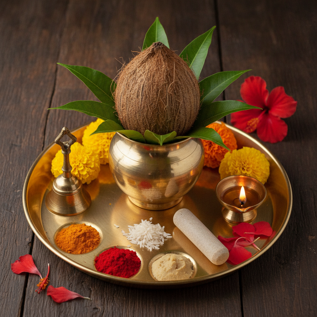 Pooja thali close-up with kalash, kumkum, turmeric, rice, and diya used for home peace puja rituals in Brampton