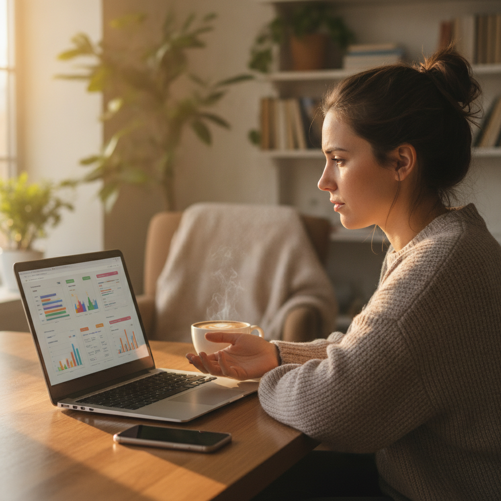 Marketer reviewing an AI-powered SEO content plan on a laptop with a coffee, representing weekly publishing cadence