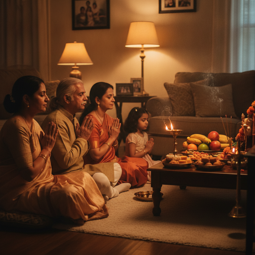 Brampton family performing a simple home puja for peace with diya light and offerings