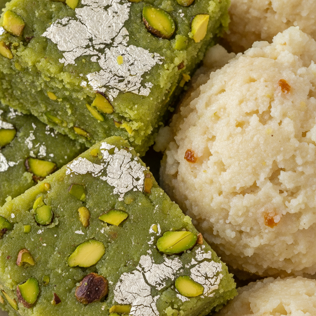 Close-up of barfi and kalakand mithai with pistachio garnish and silver leaf for Diwali gifting