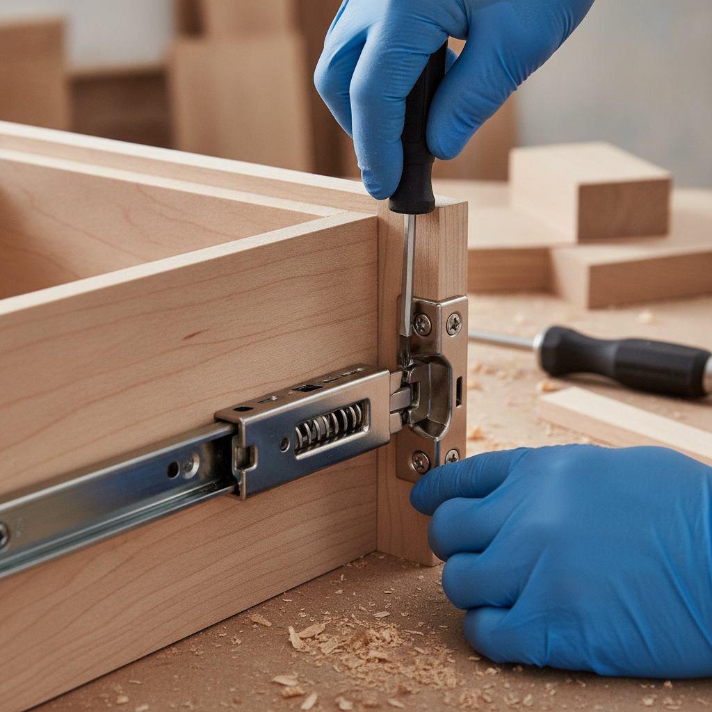 Kitchen Remodeling: Cut Costs Without Losing Style 2026 1 Close-up of soft-close drawer hardware during kitchen remodeling installation, showing quality hardware for custom cabinetry