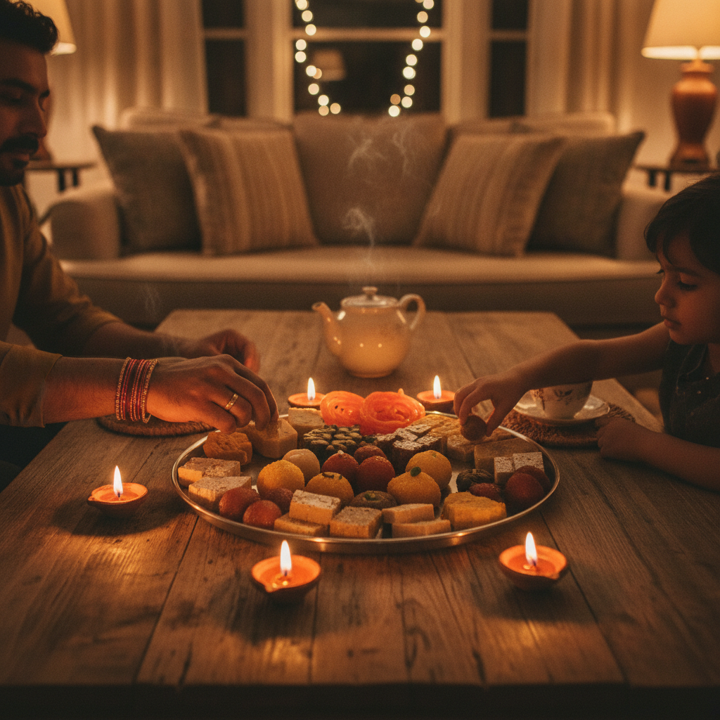 Family arranging a Diwali mithai platter with diyas and tea for a home celebration in Brampton