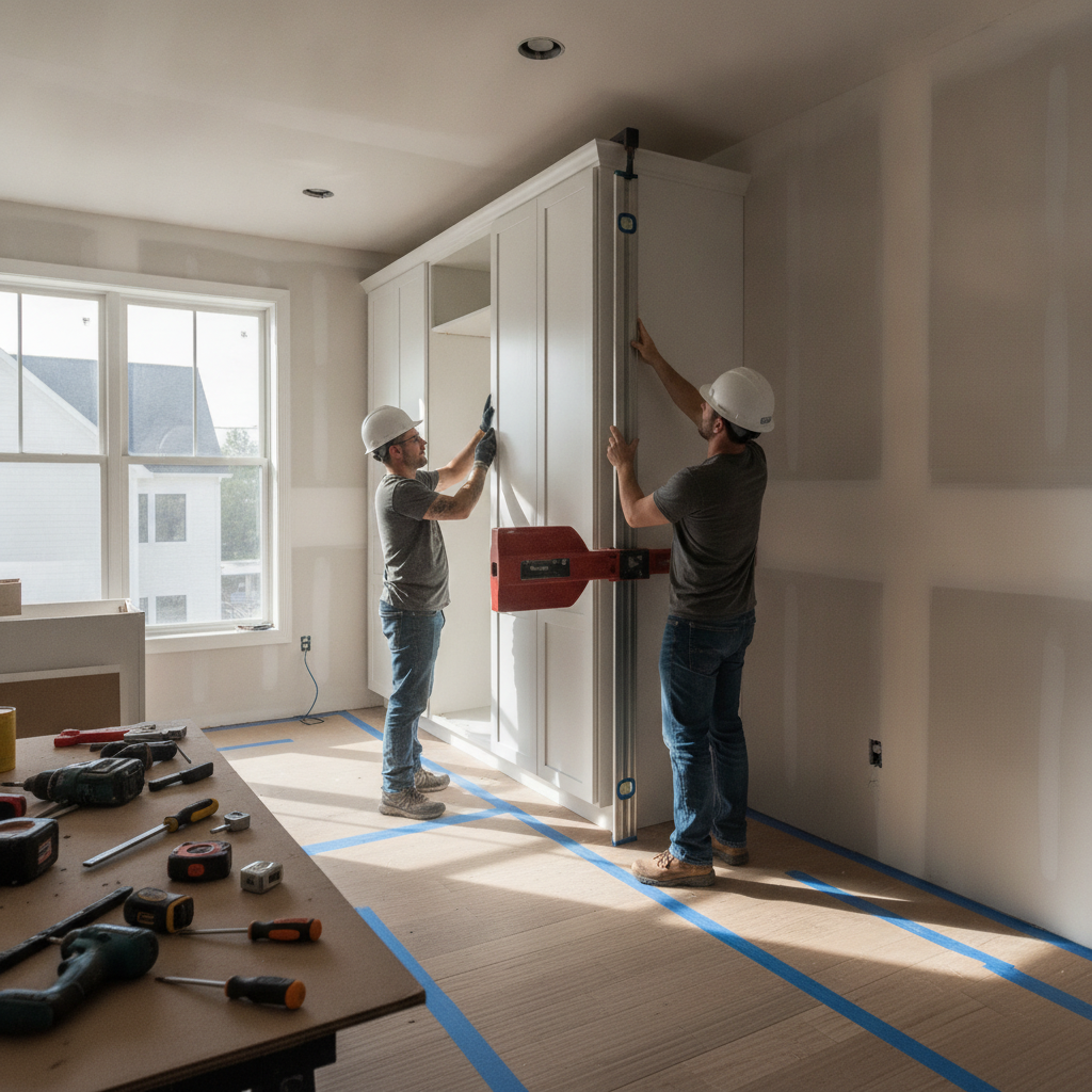 Kitchen Remodeling: Cut Costs Without Losing Style 2026 2 Installation team setting a tall pantry cabinet during kitchen remodeling, showing precise alignment and professional tools