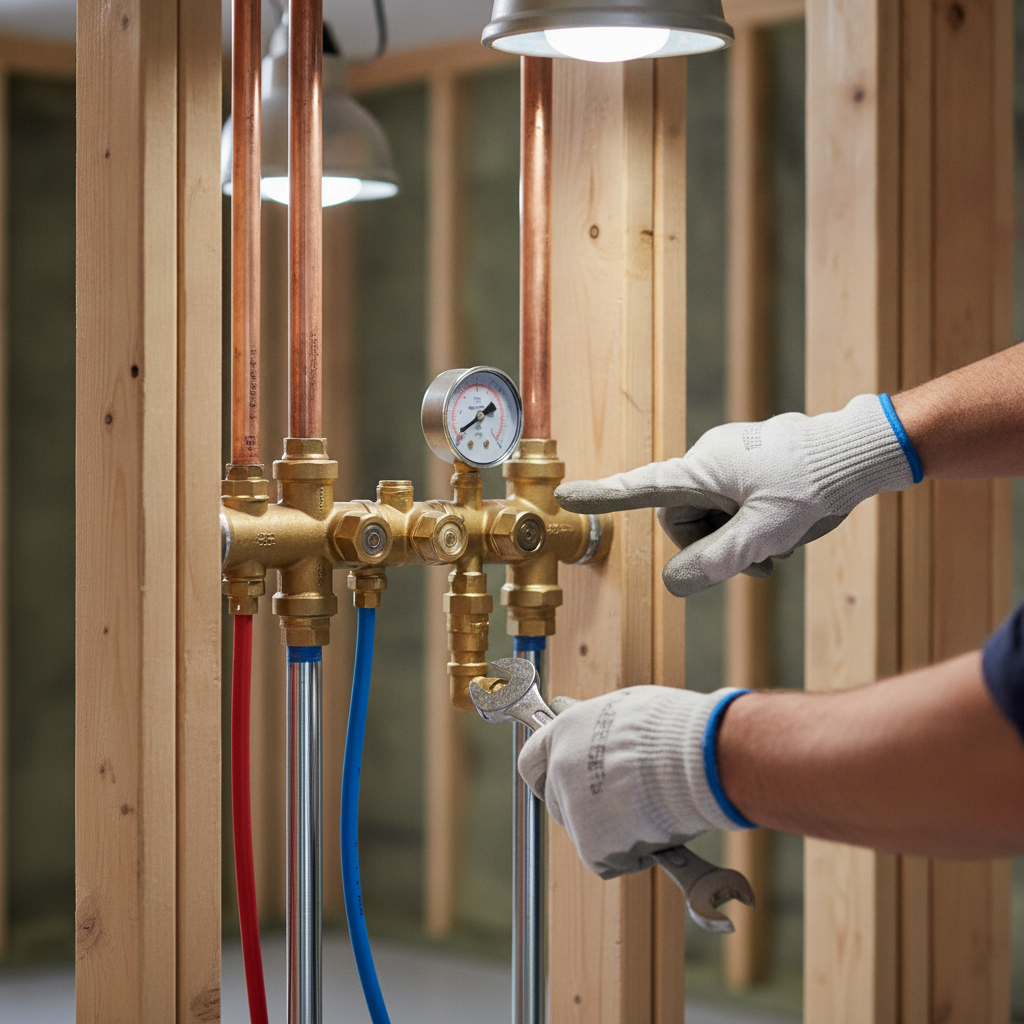 Detail of plumbing manifold during whole home renovation in The Meadows, showcasing clean copper and PEX fittings inspected by a contractor