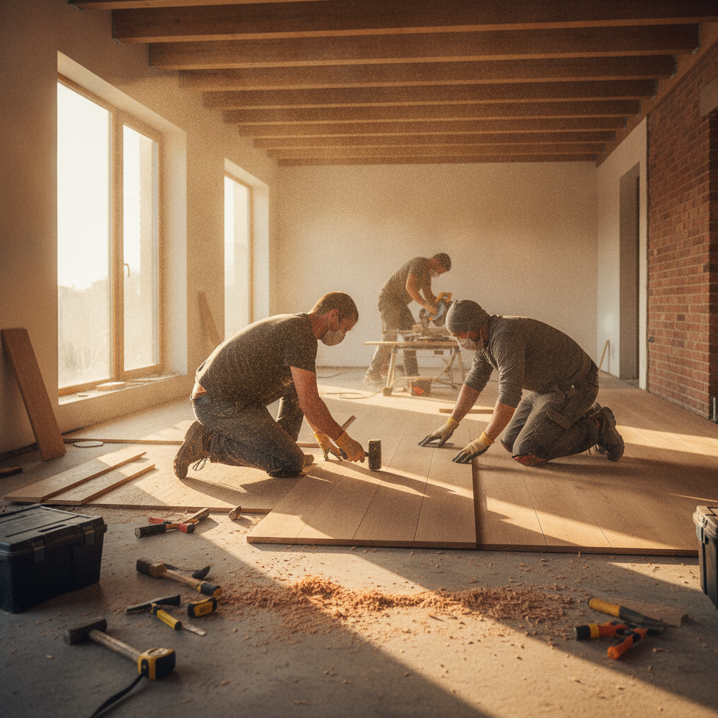 Crew installing wide-plank hardwood during whole home renovation sequence, with tools and sunlight visible in an Edmonton home