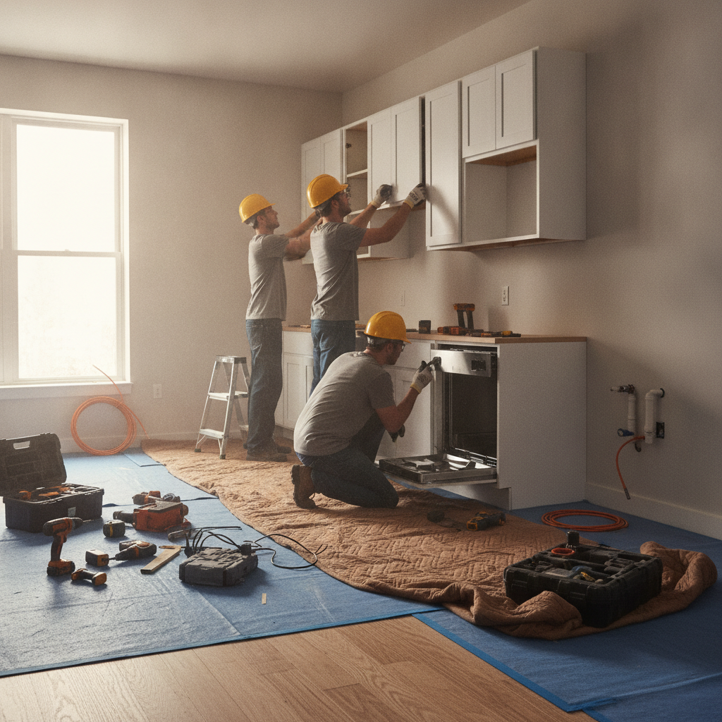 Renovation crew installing kitchen cabinets during a multi-unit upgrade, showing organized tools and protected floors