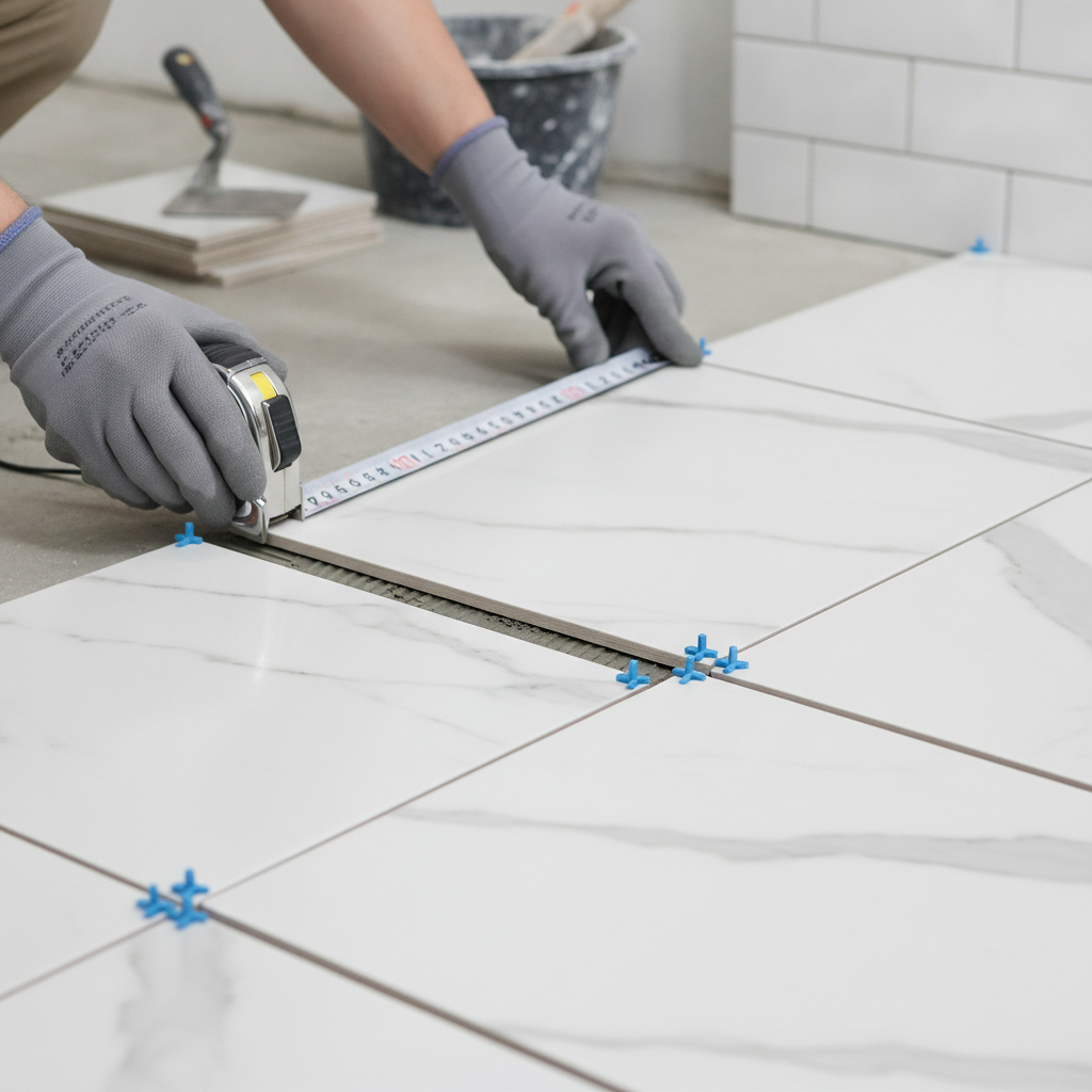 Close-up tile installation with spacers in apartment bathroom, illustrating multi unit construction project planning quality control