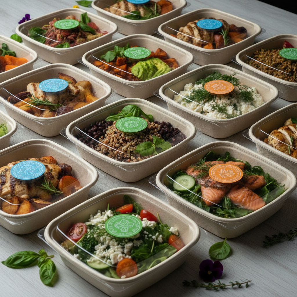 Individually packaged gourmet catering lunches with labeled dietary options for Toronto corporate offices