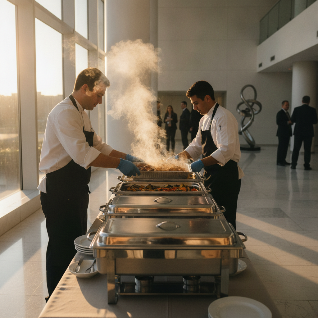 Catering team setting up gourmet buffet chafing dishes for an office lunch in Woodbridge