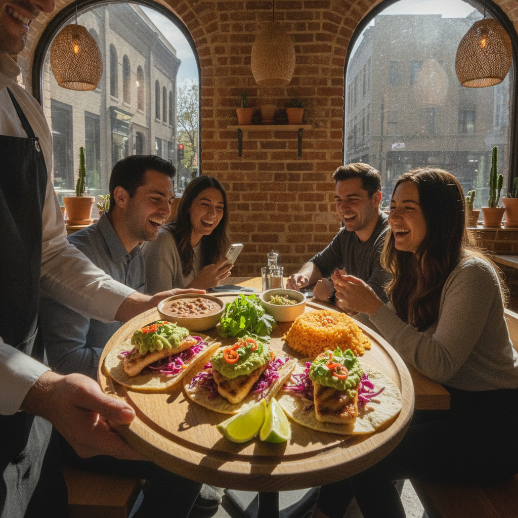 Server presenting a colorful taco platter to a seated group at a modern Mexican grill in Old Toronto, highlighting dine-in service flow