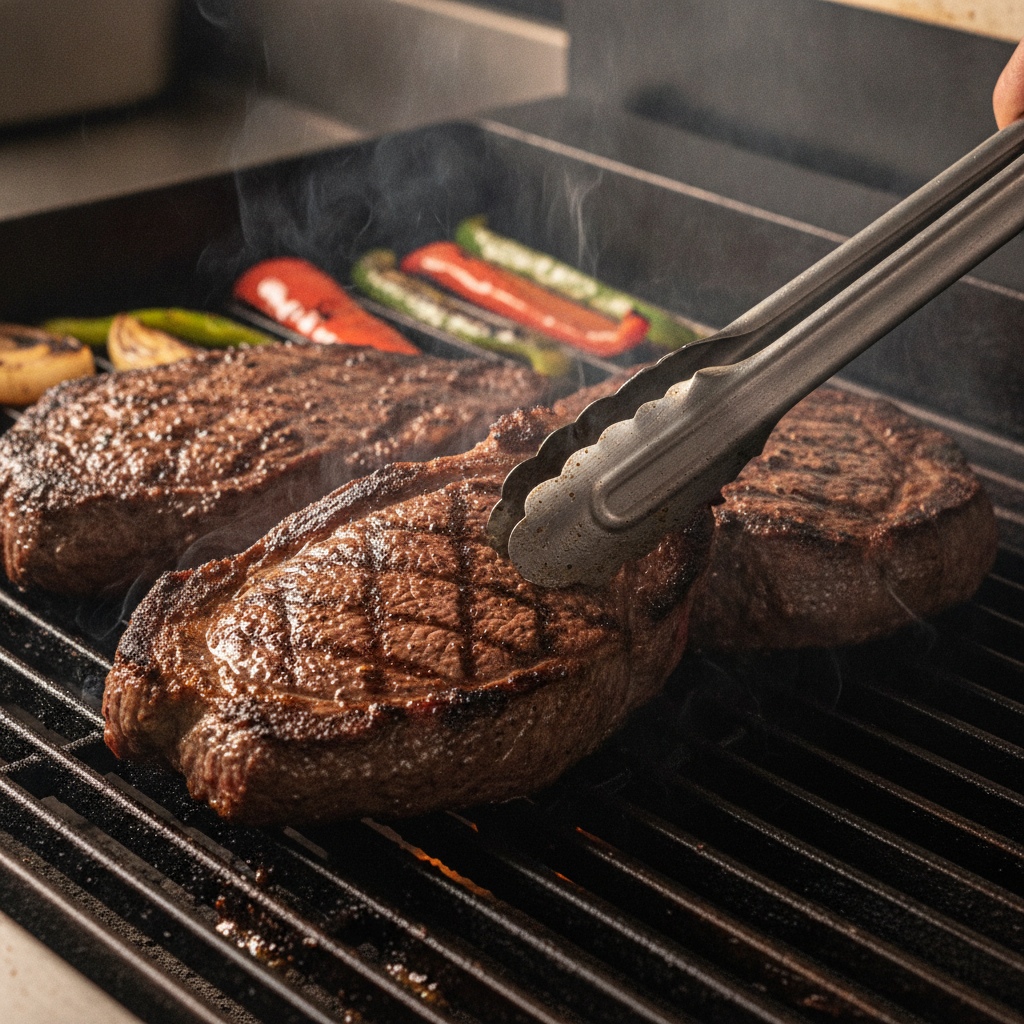 Close-up of carne asada on a hot grill at a Mexican grill restaurant, showing distinct sear marks and smoky flavor cues for dine-in quality